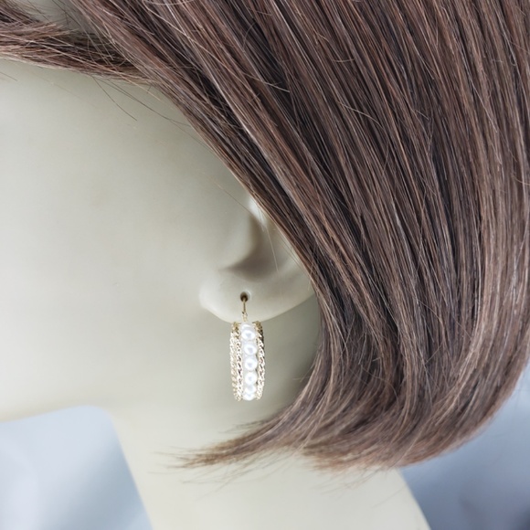 14 Karat Yellow Gold Pearl Hoop Earrings #20632 - Picture 7 of 7